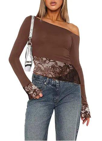 Long Sleeve Lace Patchwork Off - Shoulder T-Shirt