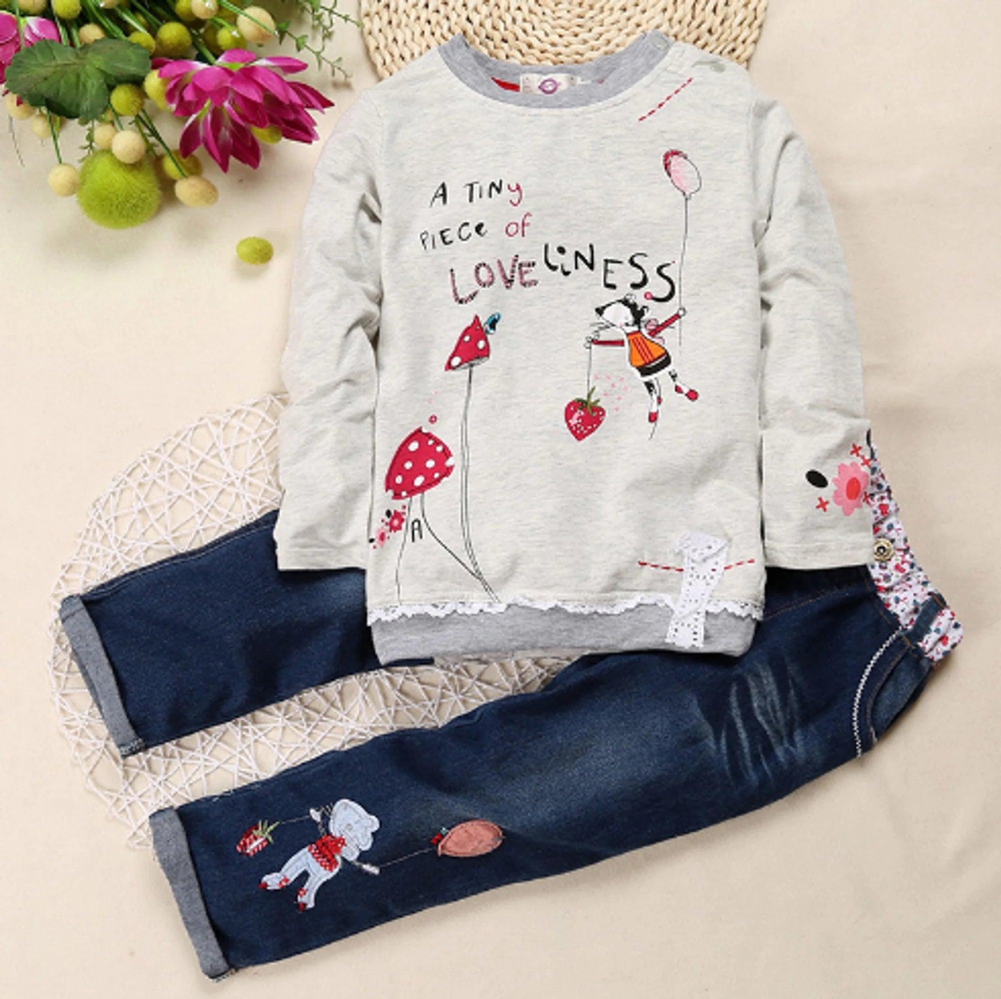 Long Sleeve Sweater Jeans suit Cartoon Set