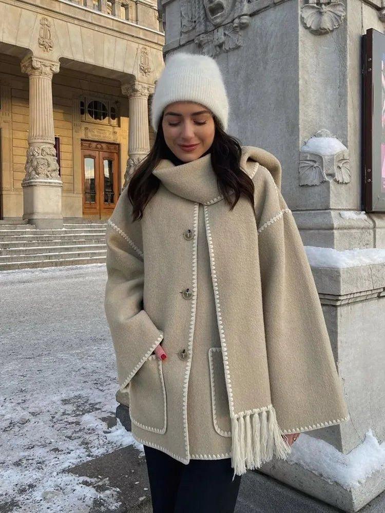 luxurious Faux Cashmere Splice Overcoat With Scarf