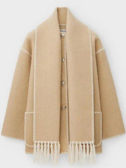 luxurious Faux Cashmere Splice Overcoat With Scarf