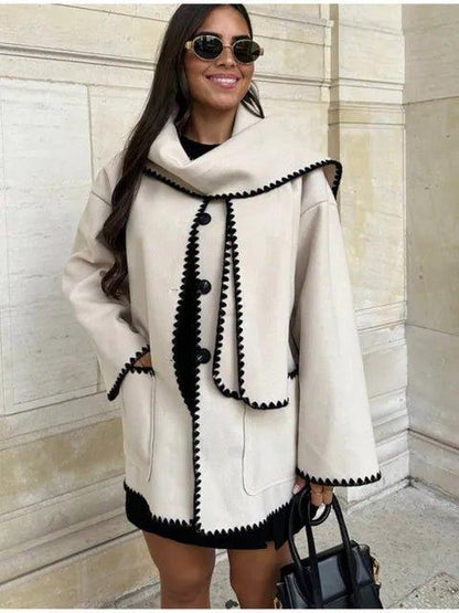 luxurious Faux Cashmere Splice Overcoat With Scarf