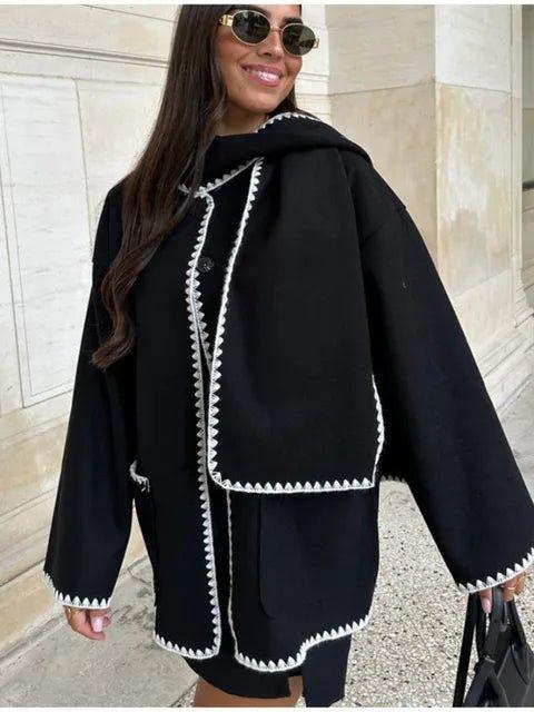 luxurious Faux Cashmere Splice Overcoat With Scarf