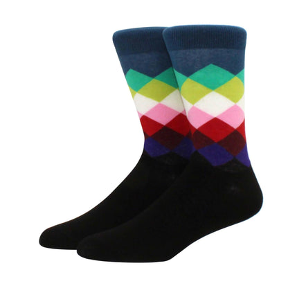 Men's Funny Diamond Pattern Happy Socks: Large Size Combed Cotton