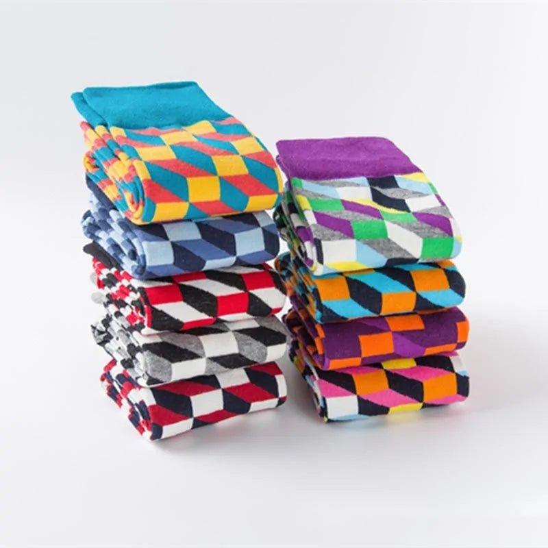 Men's Funny Diamond Pattern Happy Socks: Large Size Combed Cotton