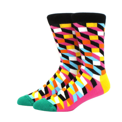 Men's Funny Diamond Pattern Happy Socks: Large Size Combed Cotton