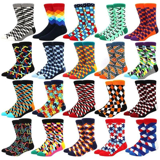 Men's Funny Diamond Pattern Happy Socks: Large Size Combed Cotton