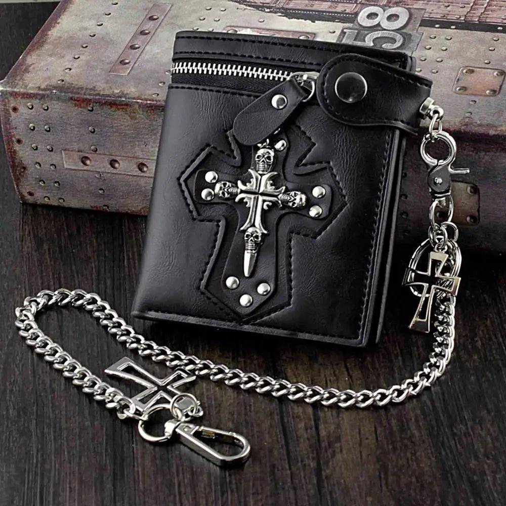 Men's Gothic Cross Clasp Leather Wallet with Antique Biker Chain