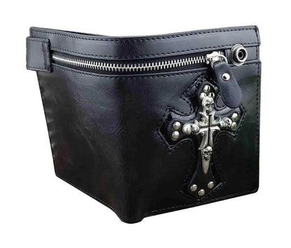 Men's Gothic Cross Clasp Leather Wallet with Antique Biker Chain