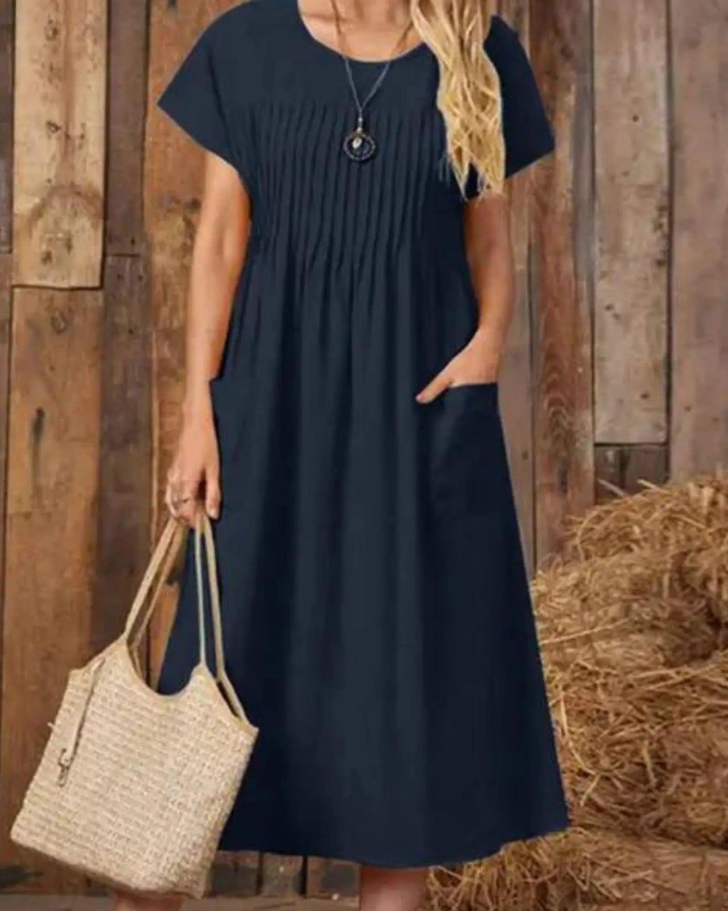 O - Neck Short Sleeve Solid Mid - Calf Dress