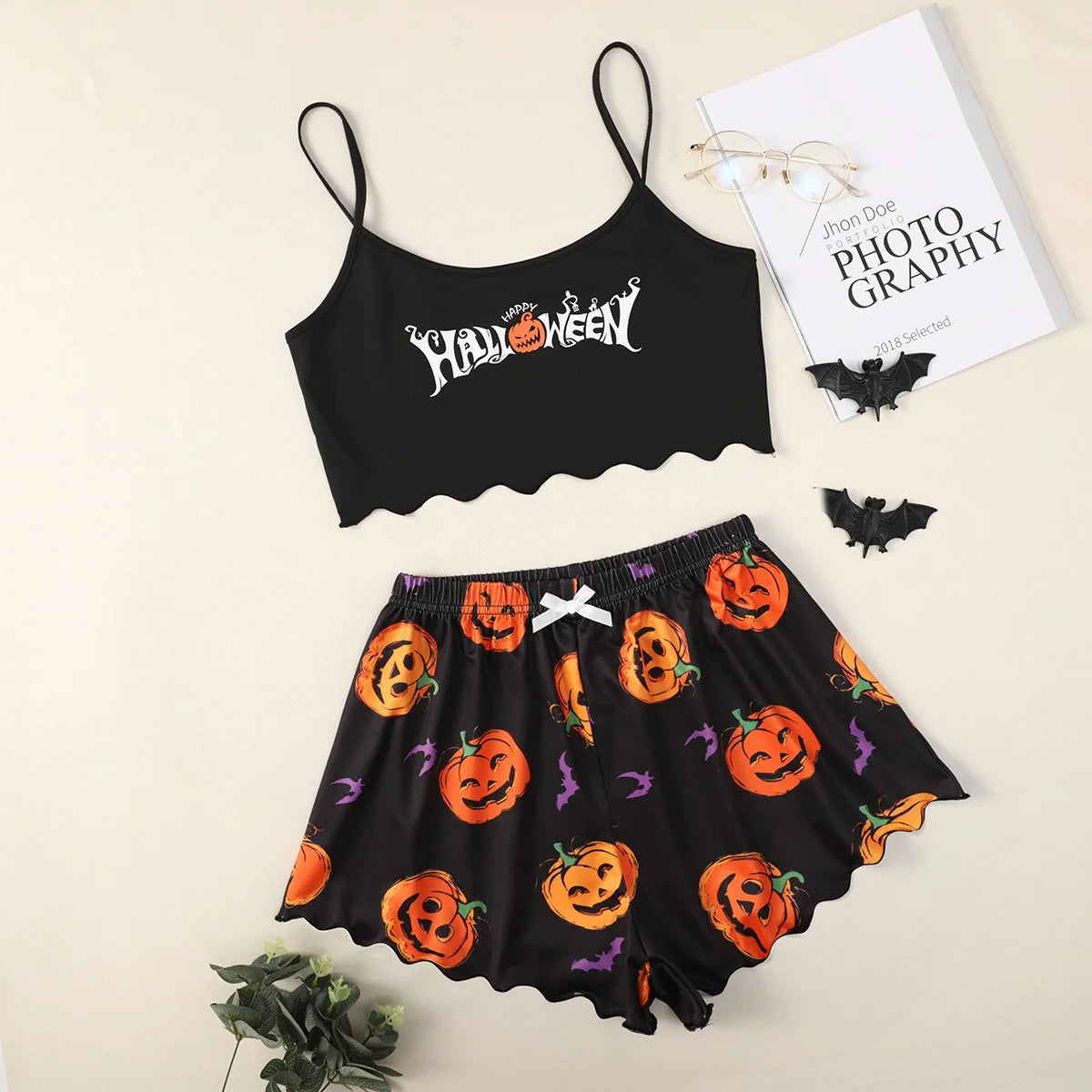 Women’s Halloween Two-Piece Pajama Set – Cozy Polyester Sleepwear