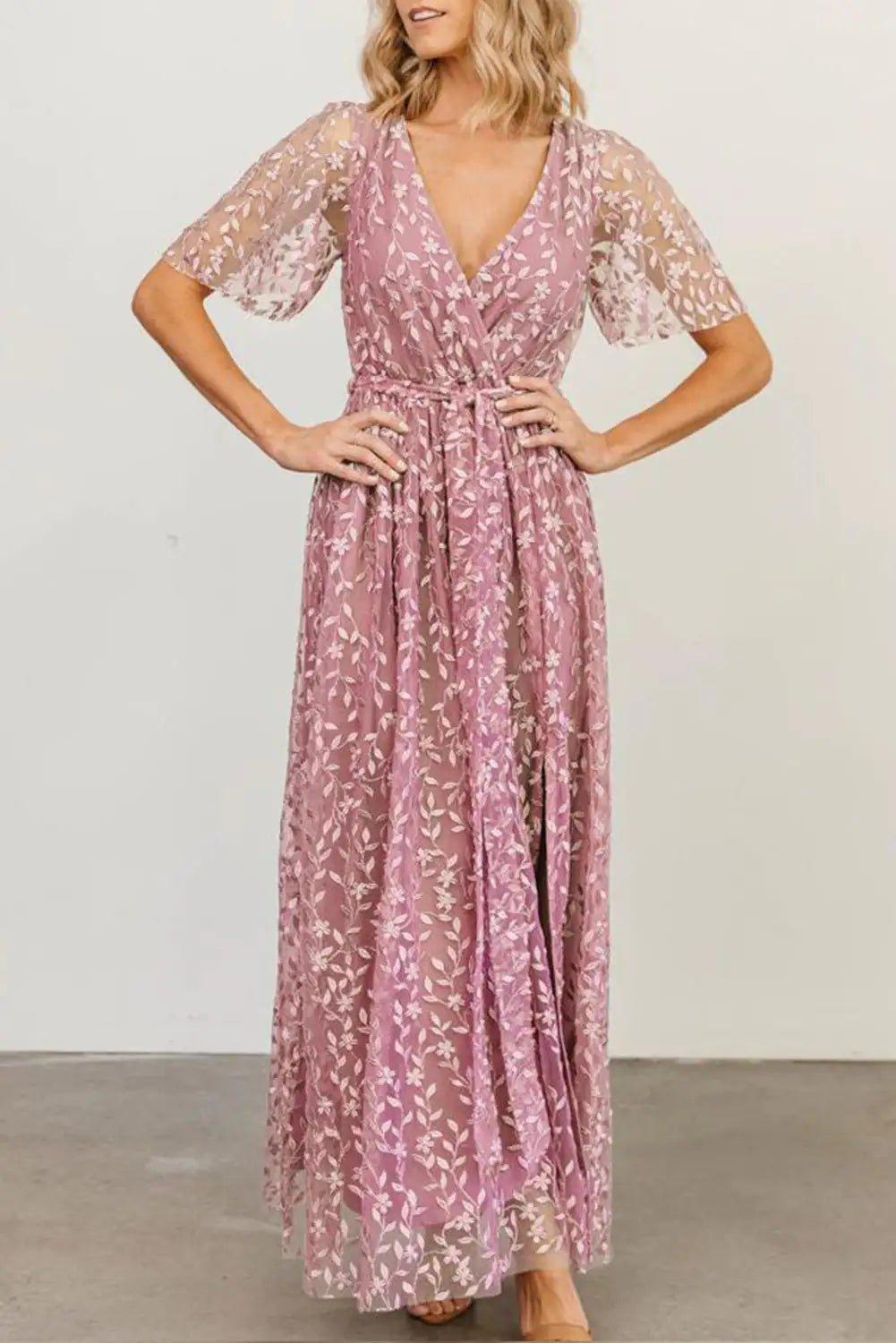 Pink Embossed Wrap V Neck Maxi Dress