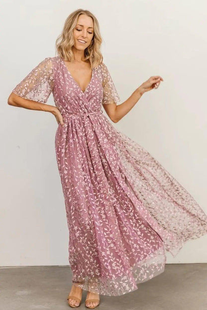 Pink Embossed Wrap V Neck Maxi Dress