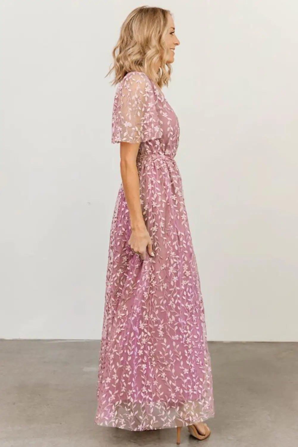 Pink Embossed Wrap V Neck Maxi Dress