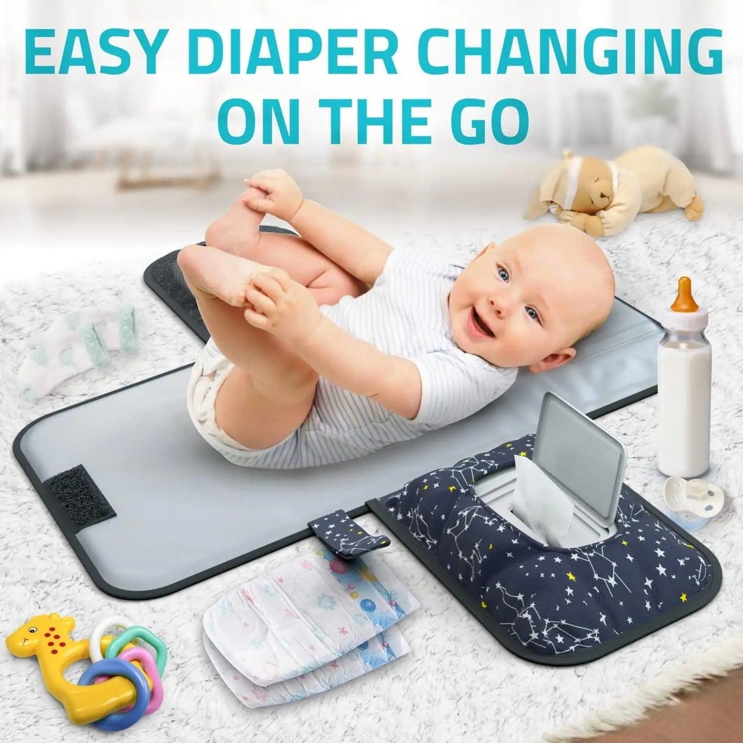 Portable Baby Diaper Changing Pad - w/ Soft Built - in Pillow & Strap for Strollers - Comfortable, Lightweight & Waterproof - Made with Premium Materials - Great for Newborn Girls & Boys & for Travel