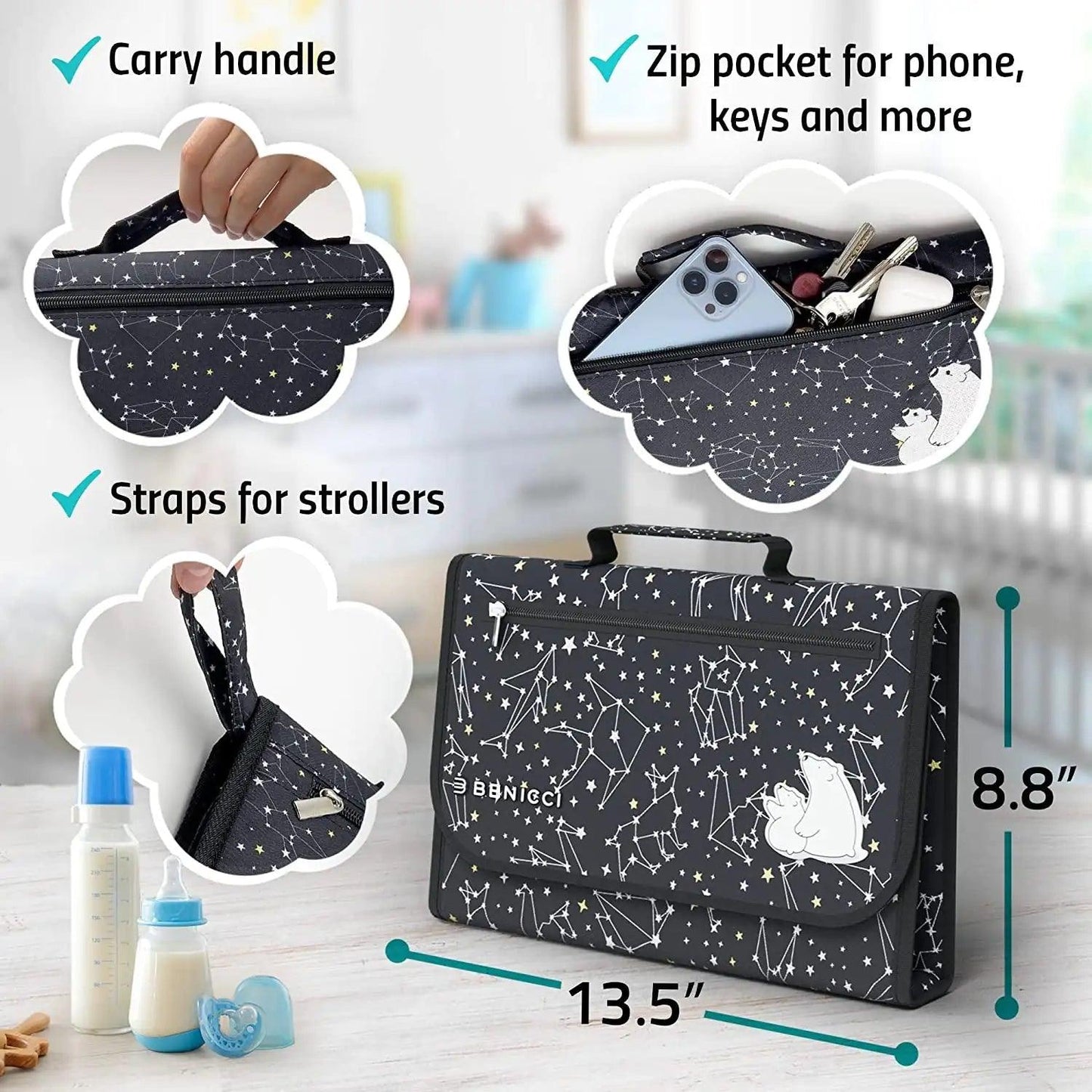 Portable Baby Diaper Changing Pad - w/ Soft Built - in Pillow & Strap for Strollers - Comfortable, Lightweight & Waterproof - Made with Premium Materials - Great for Newborn Girls & Boys & for Travel