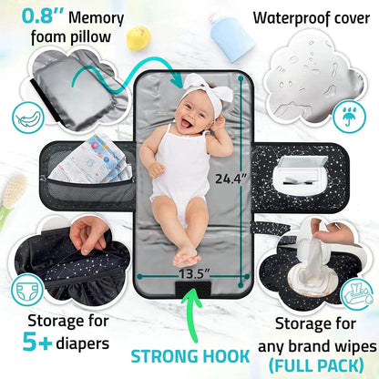 Portable Baby Diaper Changing Pad - w/ Soft Built - in Pillow & Strap for Strollers - Comfortable, Lightweight & Waterproof - Made with Premium Materials - Great for Newborn Girls & Boys & for Travel