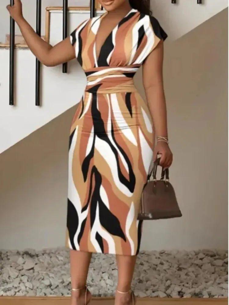 Printed Bodycon Midi Dress Women's V - neck