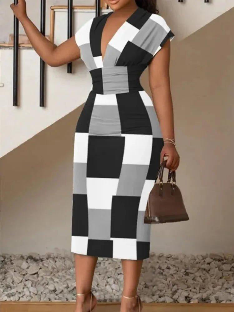 Printed Bodycon Midi Dress Women's V - neck