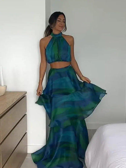 Printed Halter Top And Ruffles Half Skirt Set