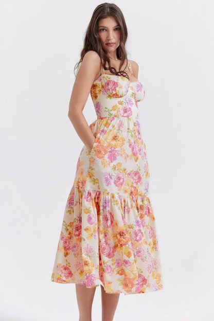 Printed Spaghetti Strap A - line Dress