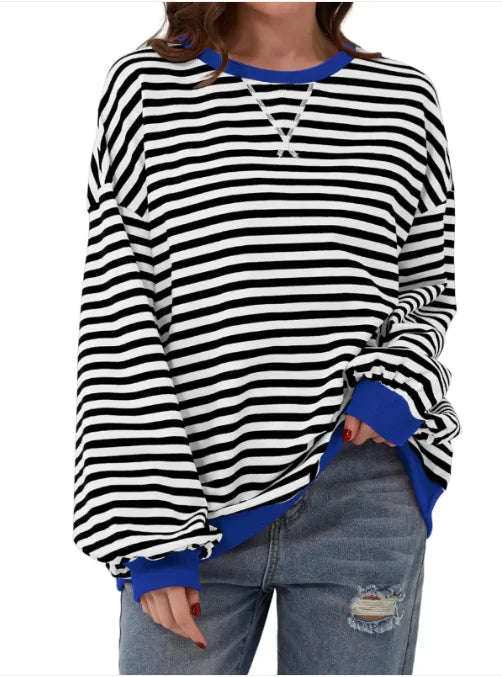 Loose Striped Long Sleeve T-shirt Casual Pullover Sweater For Womens Clothing