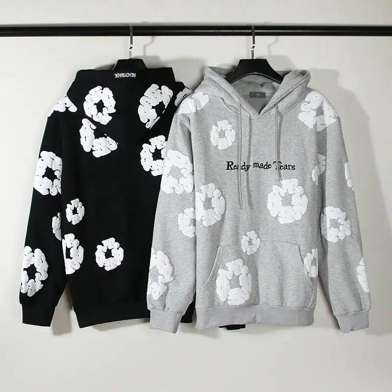 Retro Foam Kapok Print Letter Embroidery Hoodie Set