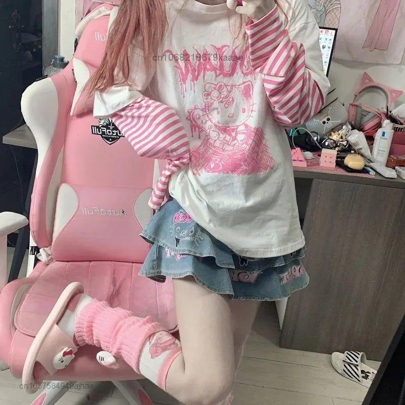 Sanrio Clothes Hello Kitty Patchwork Stripe Long Sleeves Top Y2k Girls Aesthetic Tops