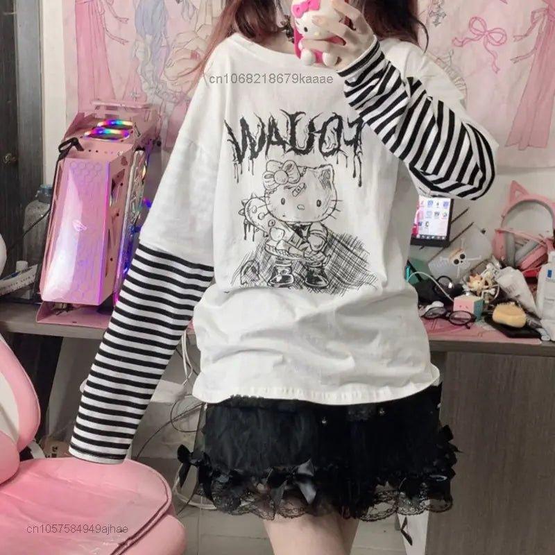 Sanrio Clothes Hello Kitty Patchwork Stripe Long Sleeves Top Y2k Girls Aesthetic Tops