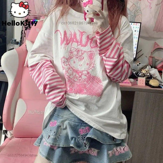 Sanrio Clothes Hello Kitty Patchwork Stripe Long Sleeves Top Y2k Girls Aesthetic Tops