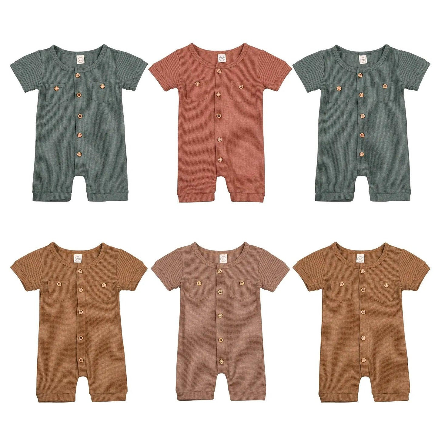 Solid Color Short Sleeve Round Neck Button Baby Playsuit