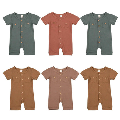 Solid Color Short Sleeve Round Neck Button Baby Playsuit