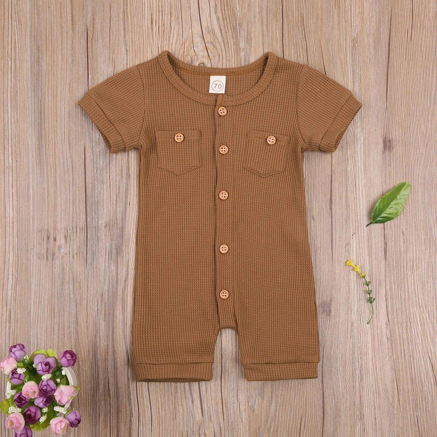 Solid Color Short Sleeve Round Neck Button Baby Playsuit