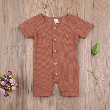 Solid Color Short Sleeve Round Neck Button Baby Playsuit