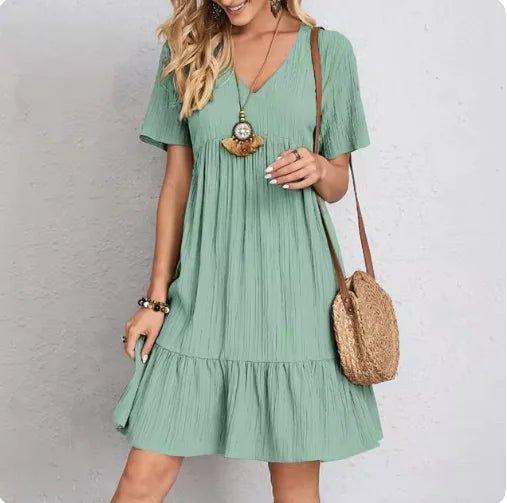 Solid Color V - Neck Midi Dress