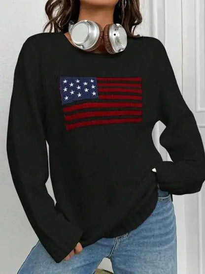 Stand Out in Style with Our Women's Loose Round Neck Flag Sweater