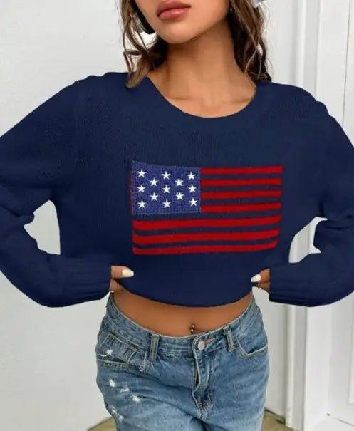 Stand Out in Style with Our Women's Loose Round Neck Flag Sweater