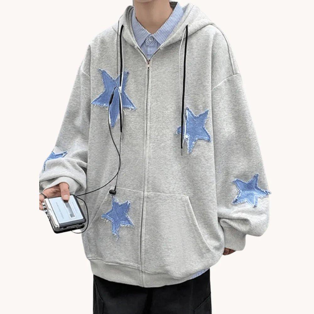 Star Patch Pattern Zip - Up Hoodie