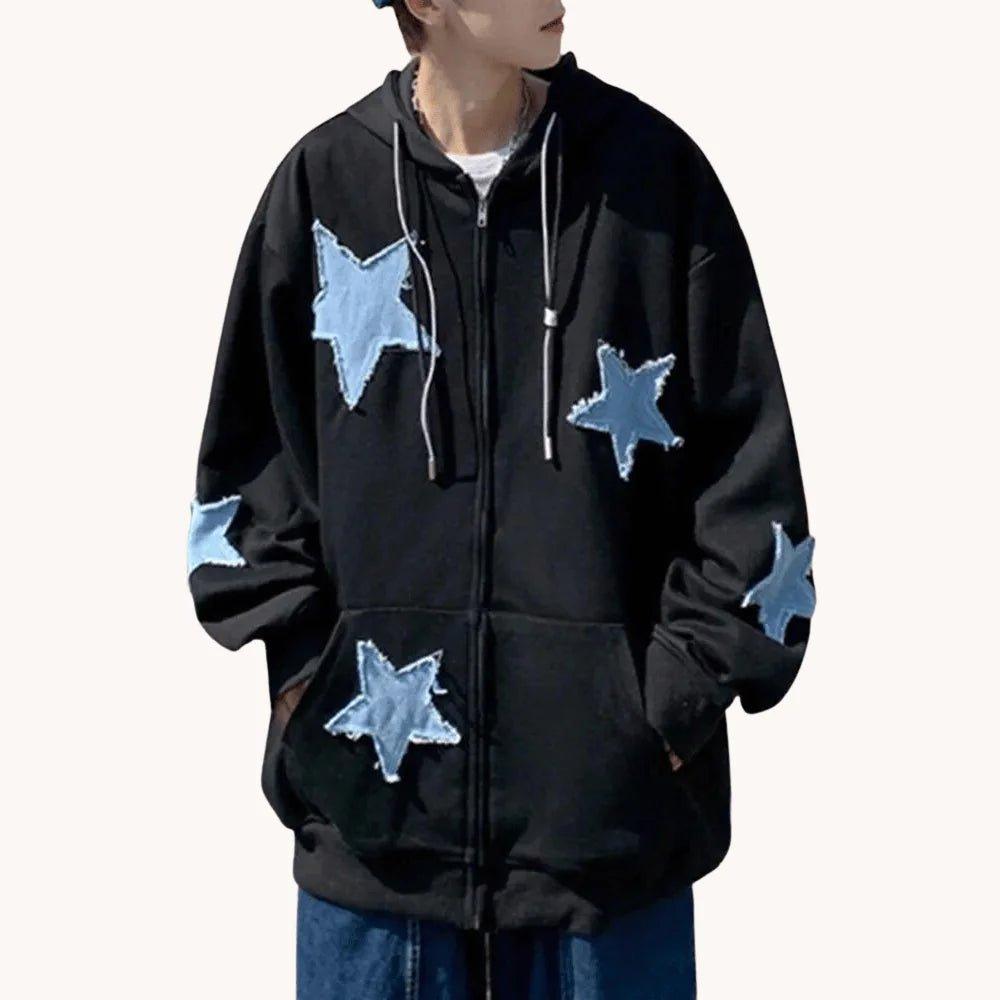 Star Patch Pattern Zip - Up Hoodie