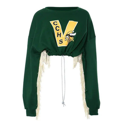 Stay Cozy and Stylish with Our Fringe Varsity Vibe Sweatshirt – On - Trend Casual Wear