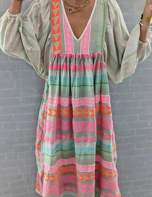 V - Neck Loose Dress - Up Geometric