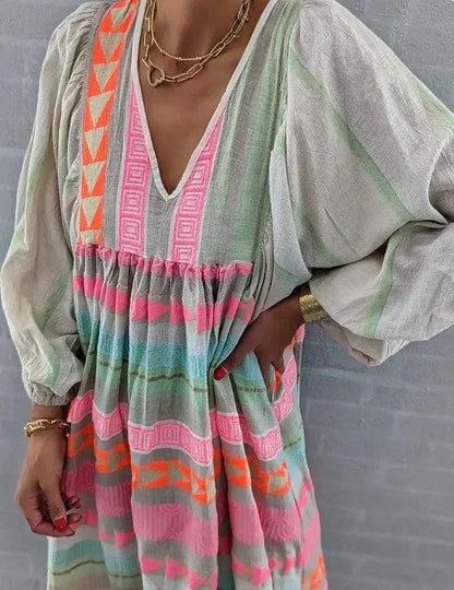 V - Neck Loose Dress - Up Geometric