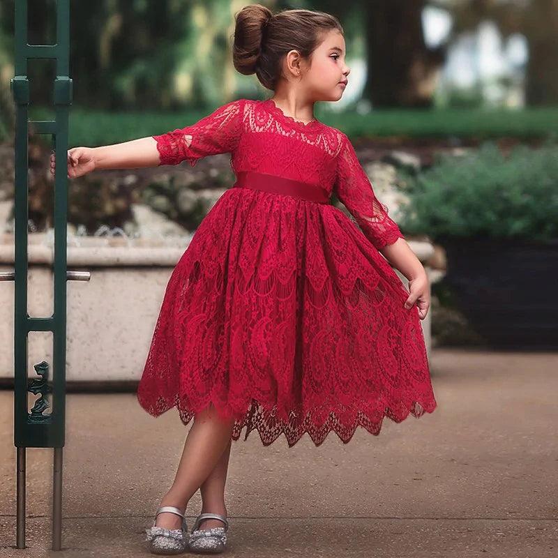 Elegant Little Girls' Dress – Ankle-Length Lace Dress for Special Occasions