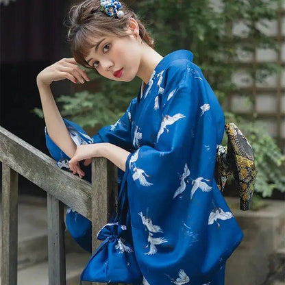 White Crane Blue Women's Kimono