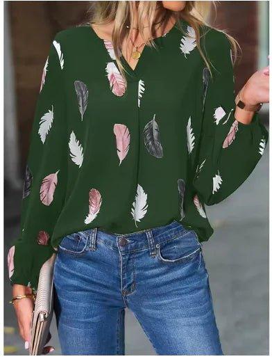 Women's Long Sleeve V - Neck Blouse – Feather Pattern, Breathable, for Autumn/Winter