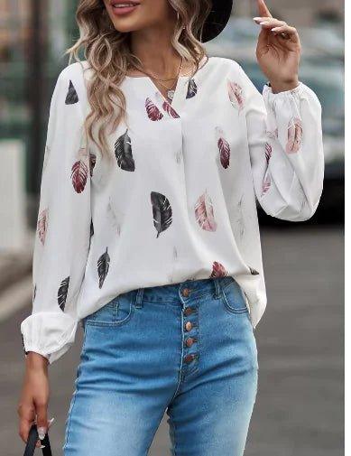 Women's Long Sleeve V - Neck Blouse – Feather Pattern, Breathable, for Autumn/Winter