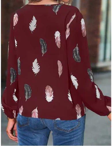 Women's Long Sleeve V - Neck Blouse – Feather Pattern, Breathable, for Autumn/Winter