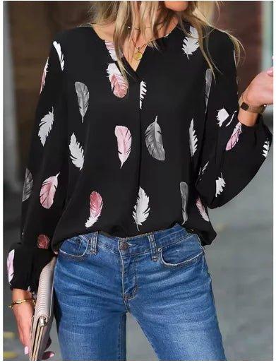 Women's Long Sleeve V - Neck Blouse – Feather Pattern, Breathable, for Autumn/Winter