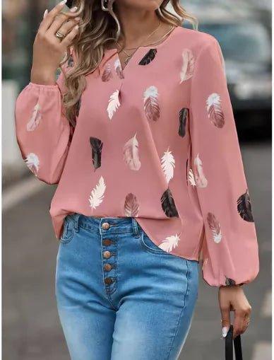 Women's Long Sleeve V - Neck Blouse – Feather Pattern, Breathable, for Autumn/Winter