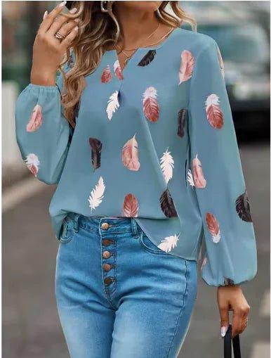 Women's Long Sleeve V - Neck Blouse – Feather Pattern, Breathable, for Autumn/Winter