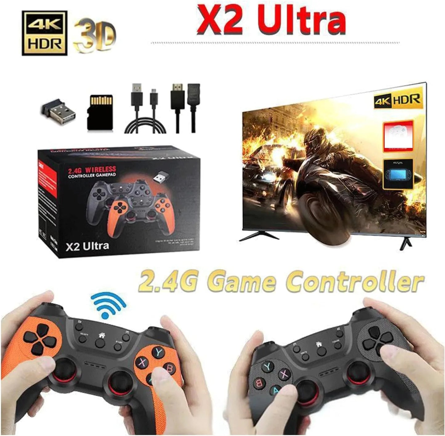 X2 Ultra Retro Game Stick 4K, Plug and Play Video Gaming Console with 128G memory card/40000+Games, HDMI Output for TV with 2.4G Wireless Controller, Retro Arcade Emulators for Kids Adults